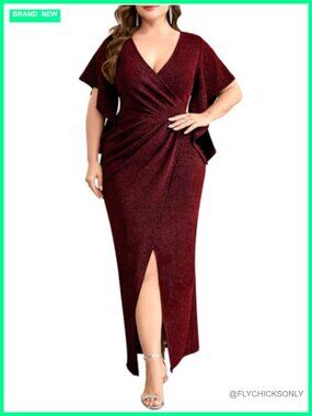 Plus Size Sparkly Maxi Dress Ruched V Neck Slit Formal Evening Gown
